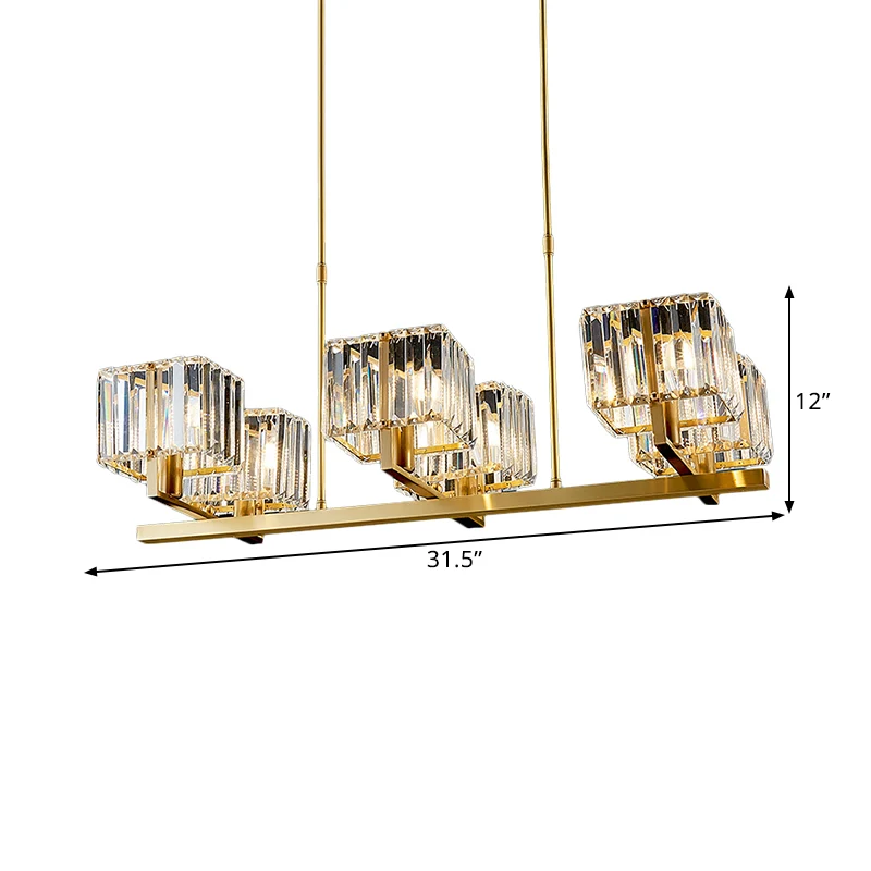Bras tordu salle à manger île pendentif moderne cristal cuboïde ombre 6 ampoules or île luminaire Clearhalo