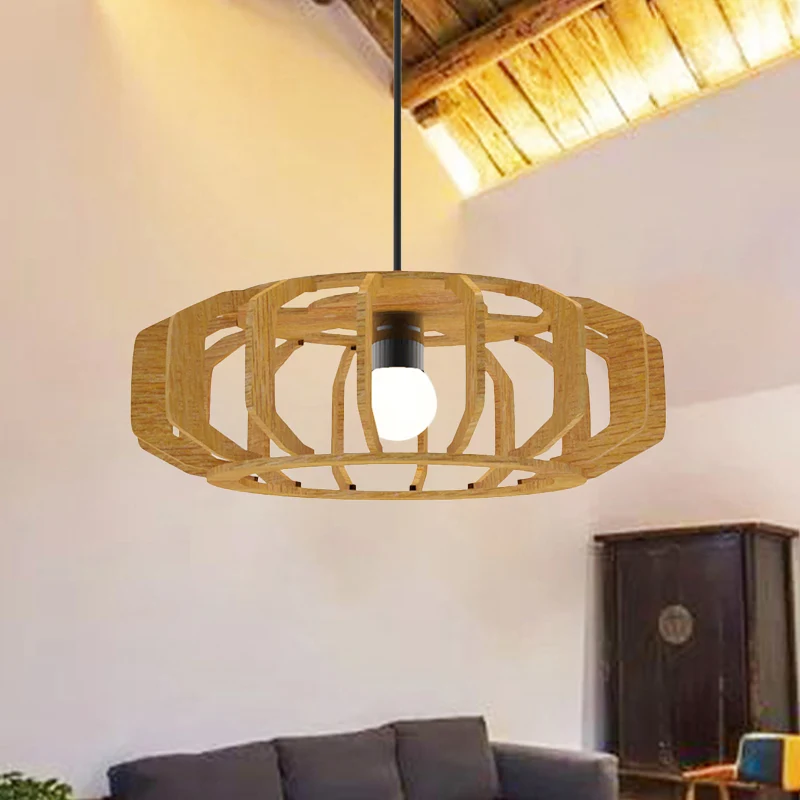 Cadre de lanterne suspendu plafonnier bois de Style asiatique 1 ampoule lampe à Suspension de salon Clearhalo