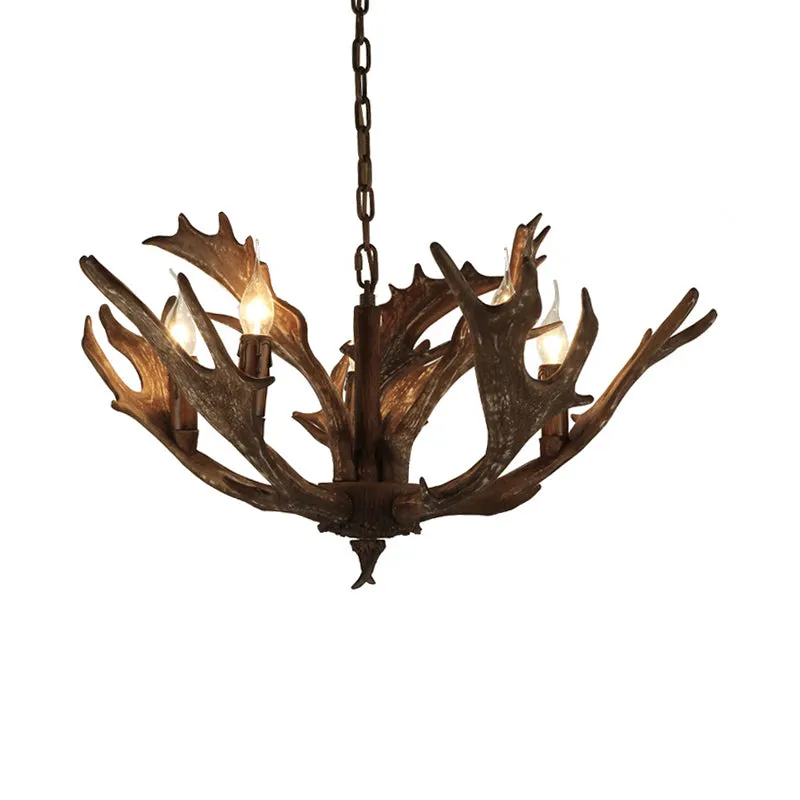 Café/ivoire 5 lumières lustre éclairage rustique résine candélabre suspension avec bois de cerf Clearhalo