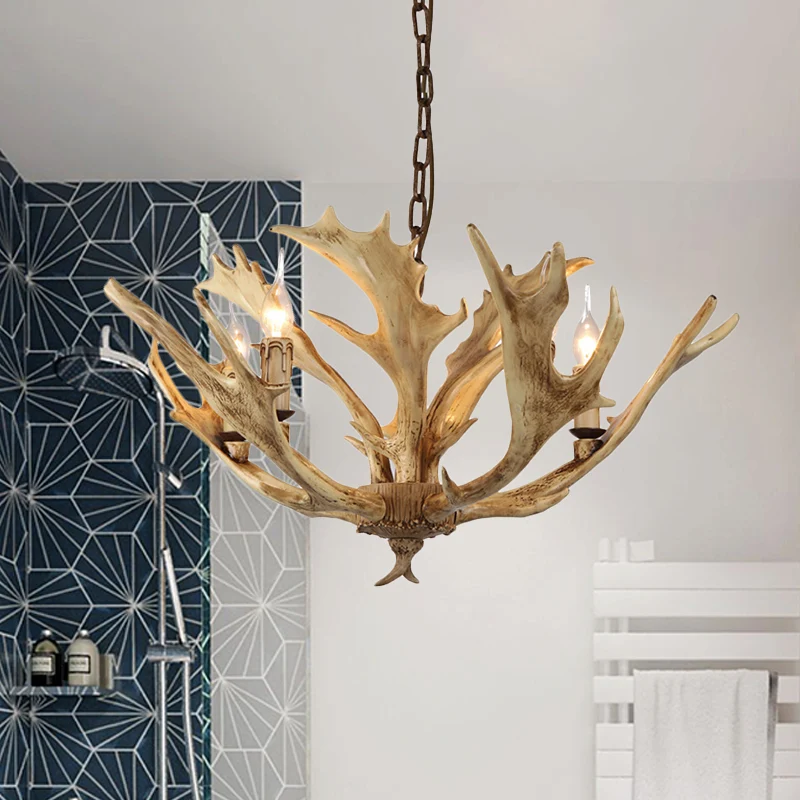Café/ivoire 5 lumières lustre éclairage rustique résine candélabre suspension avec bois de cerf Clearhalo