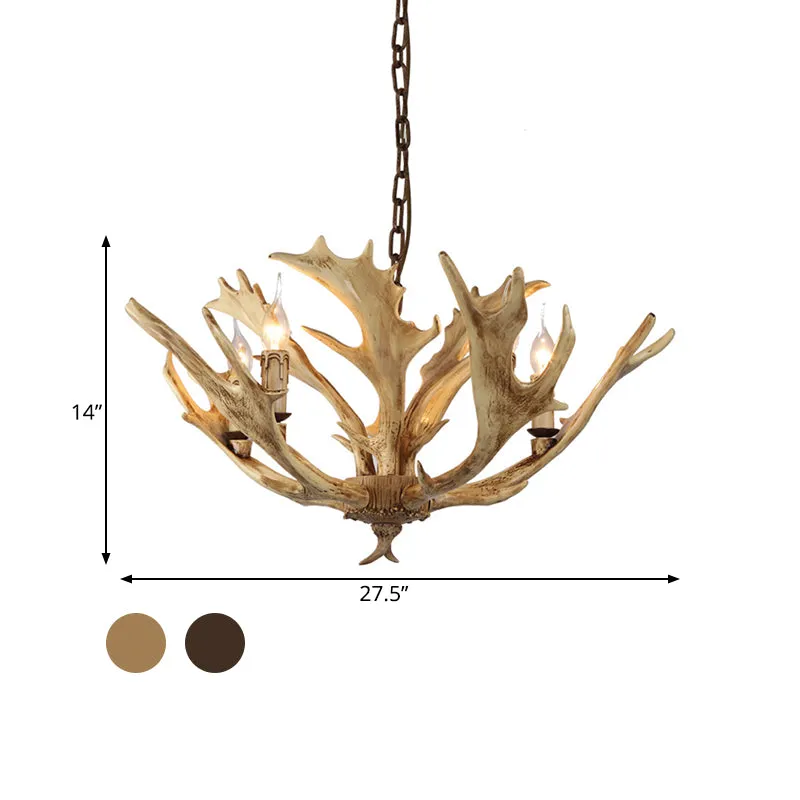 Café/ivoire 5 lumières lustre éclairage rustique résine candélabre suspension avec bois de cerf Clearhalo