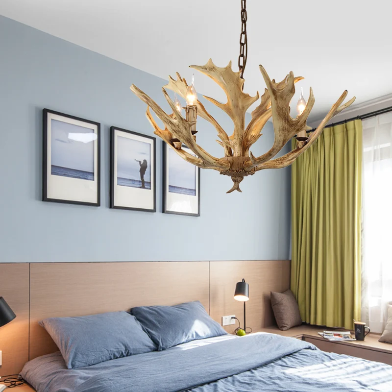 Café/ivoire 5 lumières lustre éclairage rustique résine candélabre suspension avec bois de cerf Clearhalo