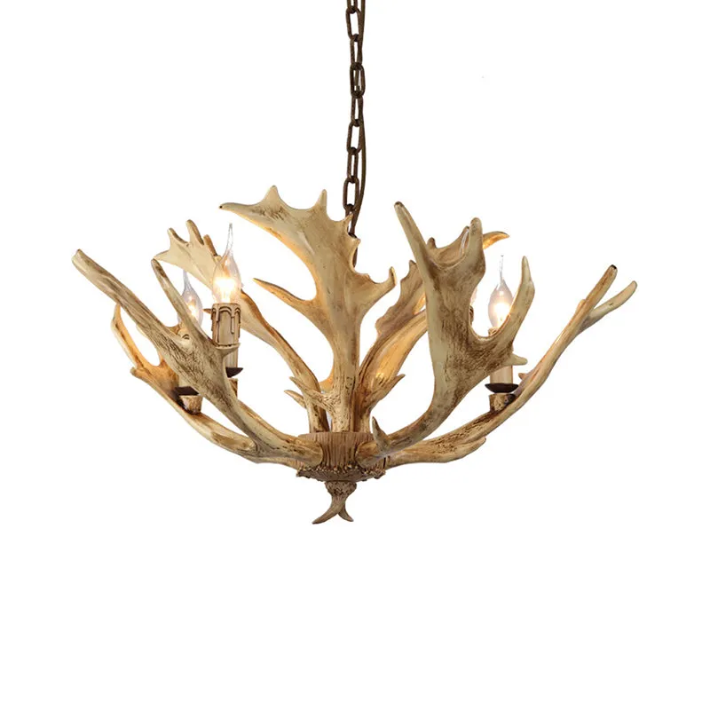 Café/ivoire 5 lumières lustre éclairage rustique résine candélabre suspension avec bois de cerf Clearhalo