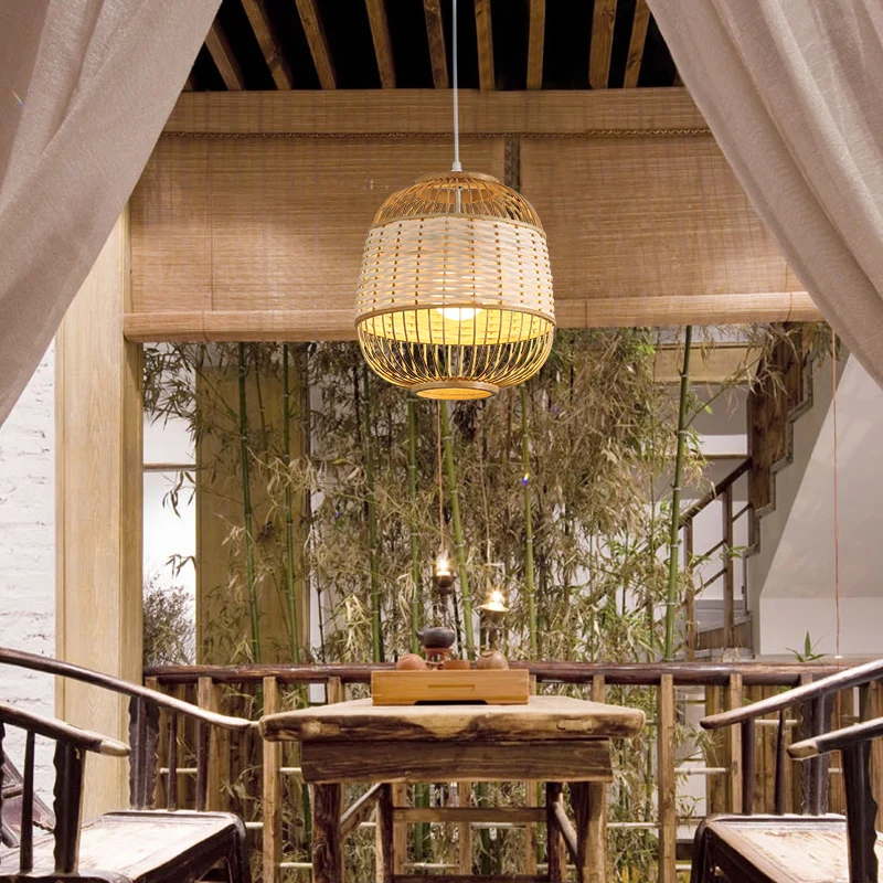 Cage abat-jour salle à manger pendule lumière bambou unique Style asiatique plafond suspension Clearhalo