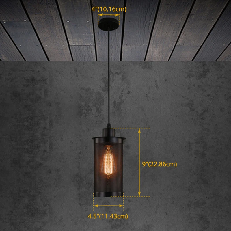 Cage cylindrique noire en fer suspendue, luminaire suspendu à ampoule unique de Style industriel rétro Clearhalo