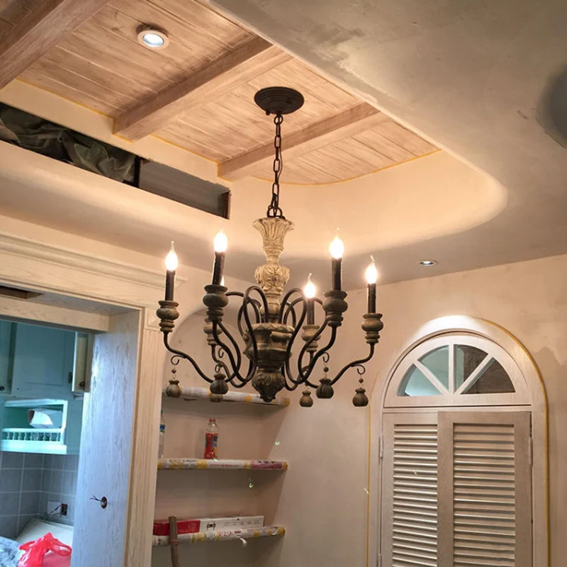 Candélabre gris suspendu en bois traditionnel, 6 lumières, lustre de salon Clearhalo