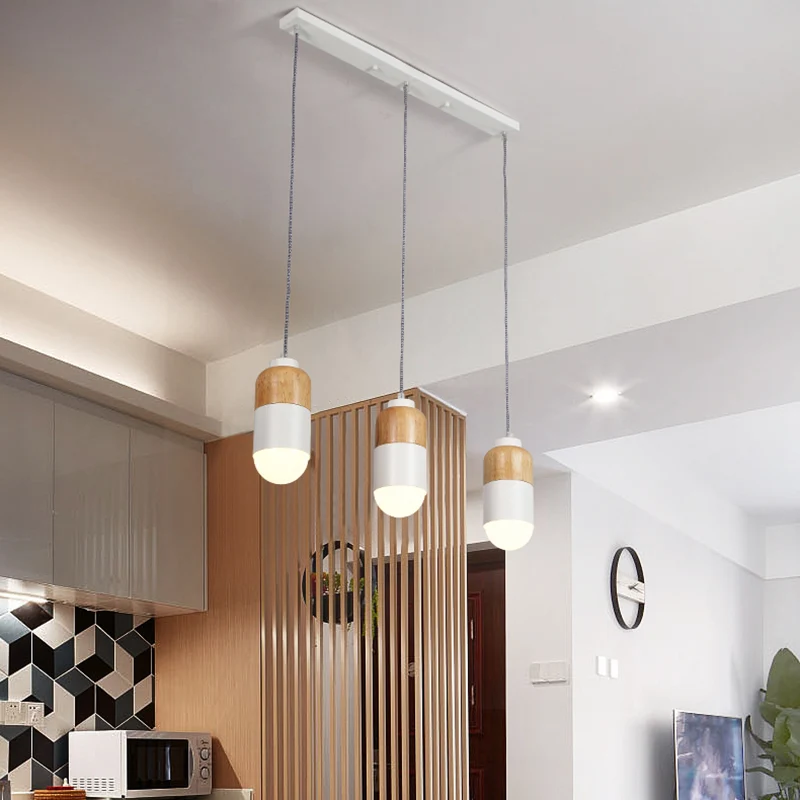 Capsule LED Cluster Suspension Modernisme Métal 3 Ampoules Blanc et Bois Suspension sur Table à Manger Clearhalo
