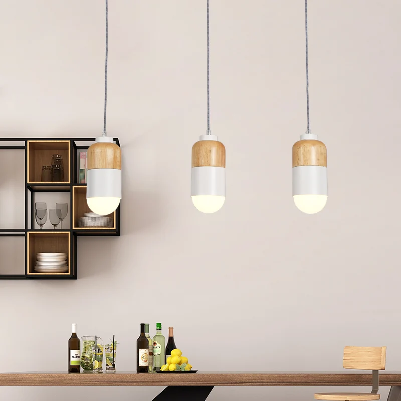 Capsule LED Cluster Suspension Modernisme Métal 3 Ampoules Blanc et Bois Suspension sur Table à Manger Clearhalo