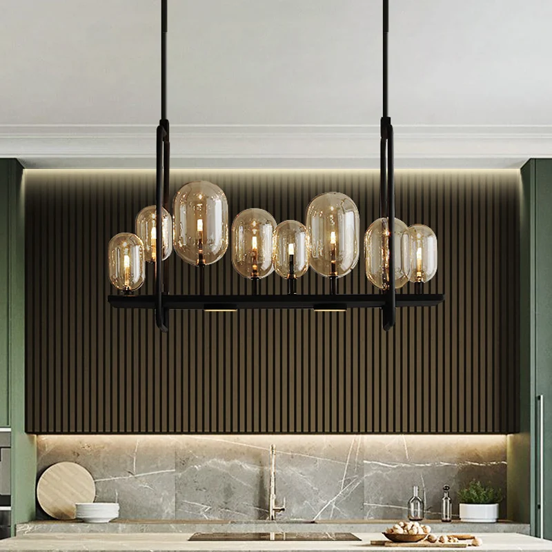Capsule Restaurant Island Lighting Industriel Ambre Verre 6/8 Ampoules Noir Luminaire Suspendu Clearhalo