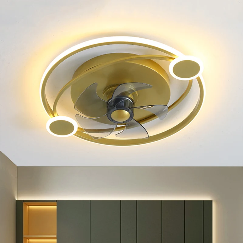 Cerceau de 19,5 po de largeur, 5 pales, lumière semi-encastrée, ventilateur suspendu à LED métallique moderniste en or Cle...