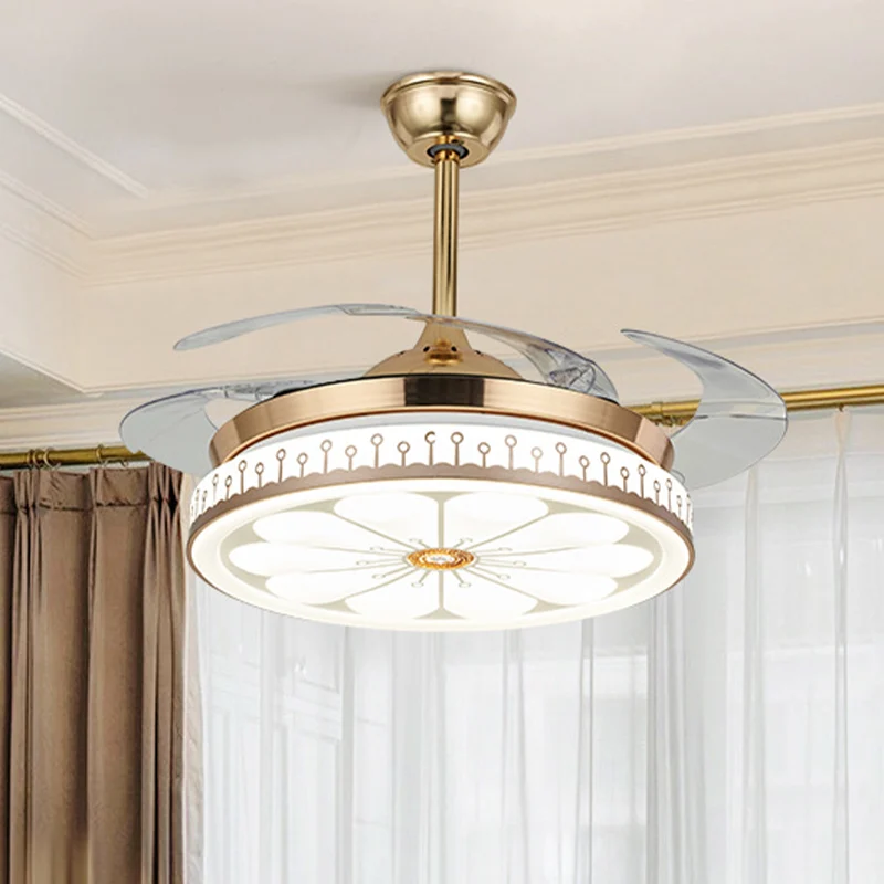 Cercle salle à manger semi-encastré contemporain acrylique LED 42" W or 4 pales pendentif ventilateur, télécommande/comman...