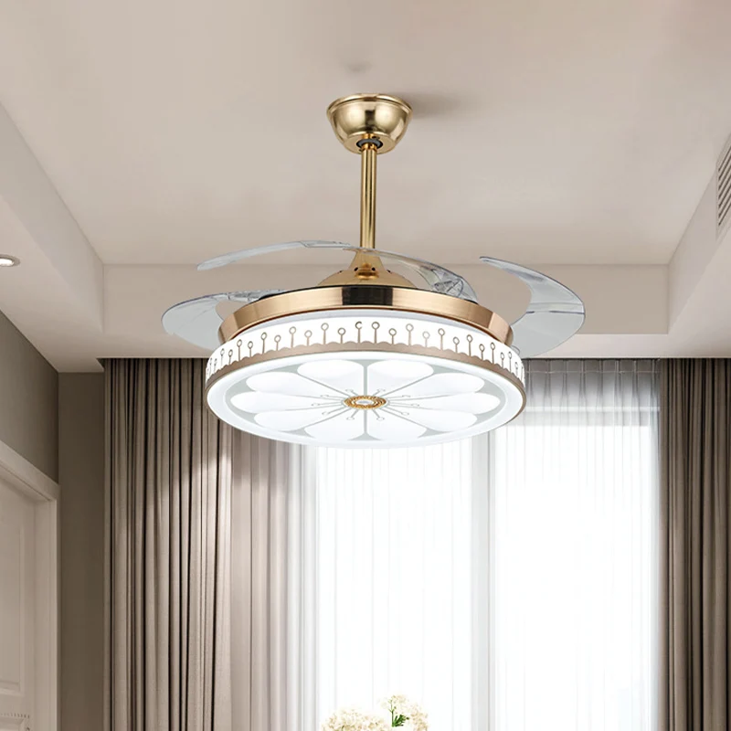 Cercle salle à manger semi-encastré contemporain acrylique LED 42" W or 4 pales pendentif ventilateur, télécommande/comman...
