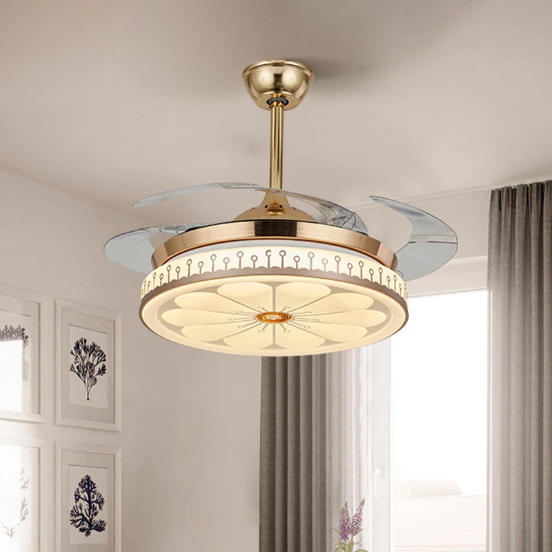 Cercle salle à manger semi-encastré contemporain acrylique LED 42" W or 4 pales pendentif ventilateur, télécommande/comman...