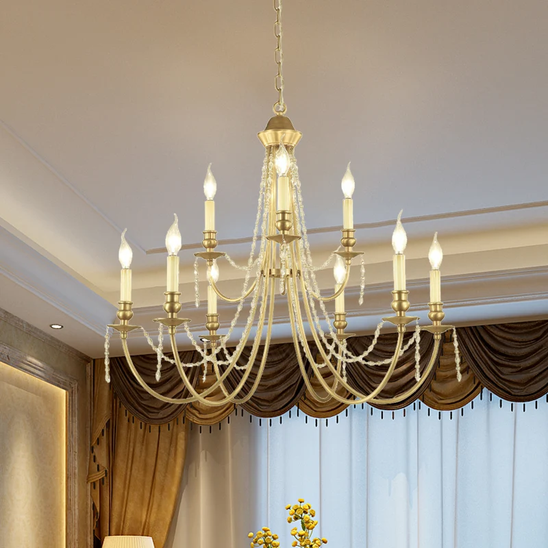 Chandelier suspendu Kit de lumière campagne cristal Swag 9 lumières finition or lustre lampe luminaire avec bras incurvé C...