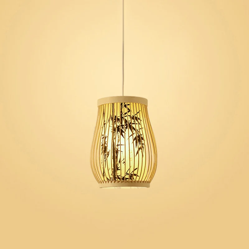 Chinoiserie tissé luminaire suspendu bambou simple salon de thé plafonnier avec abat-jour imprimé Clearhalo