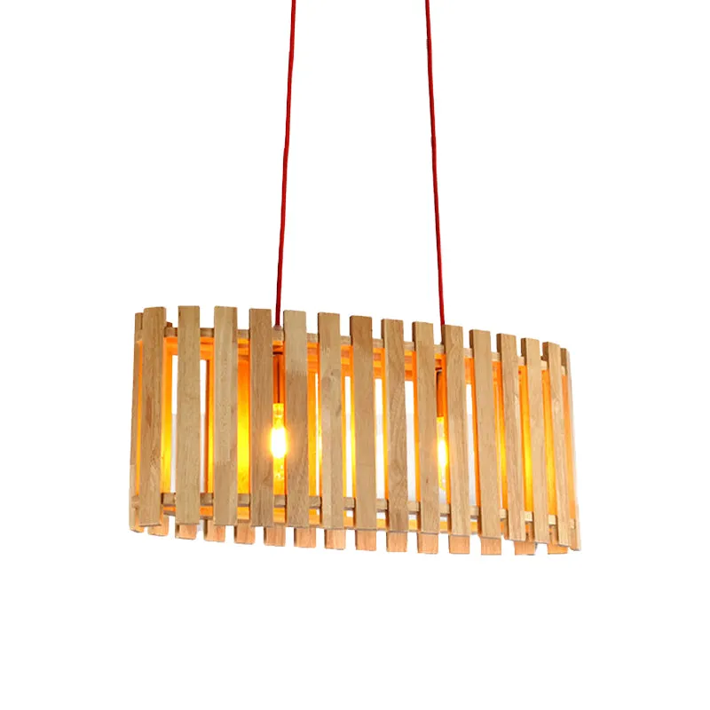 Éclairage d'îlot linéaire en bambou avec abat-jour ovale, lampe à suspension asiatique élégante en bois à 2 lumières au-de...