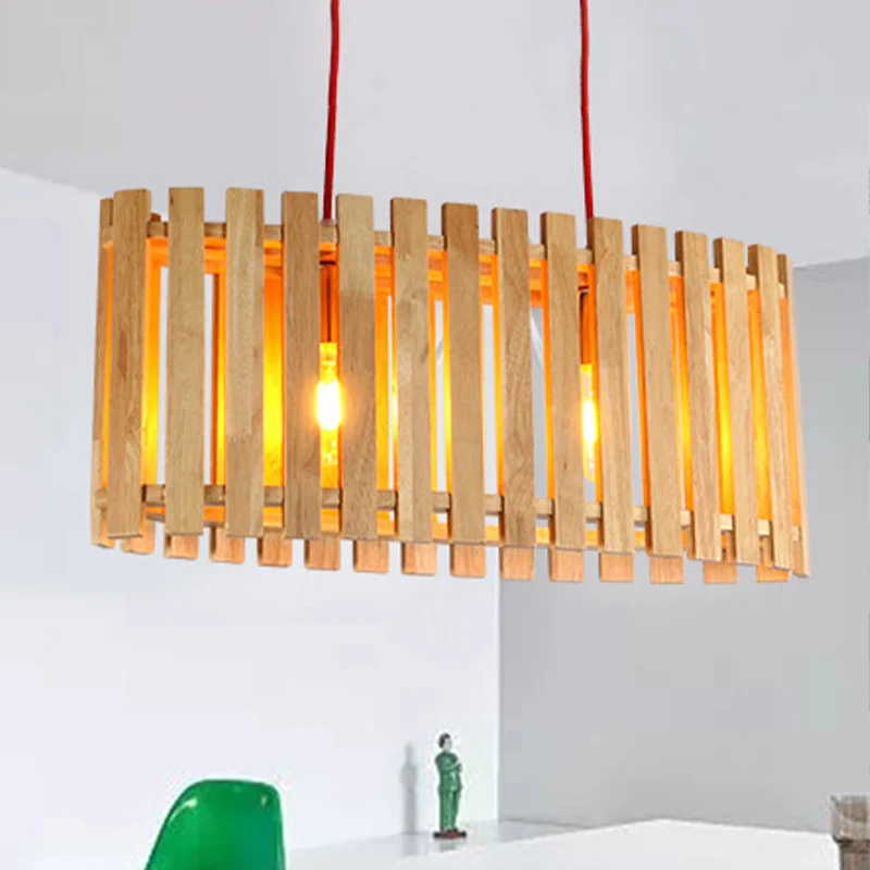 Éclairage d'îlot linéaire en bambou avec abat-jour ovale, lampe à suspension asiatique élégante en bois à 2 lumières au-de...