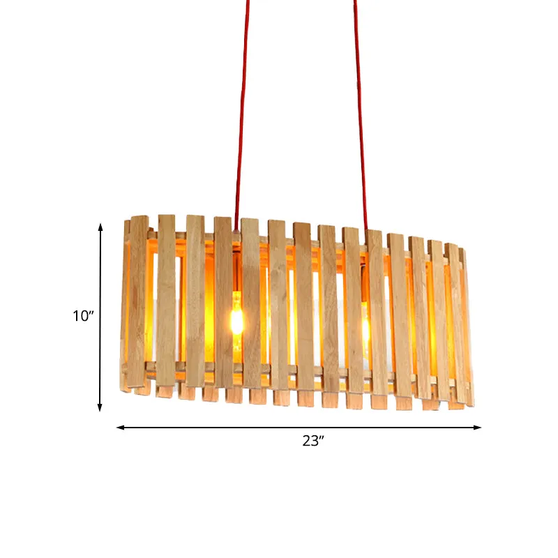 Éclairage d'îlot linéaire en bambou avec abat-jour ovale, lampe à suspension asiatique élégante en bois à 2 lumières au-de...