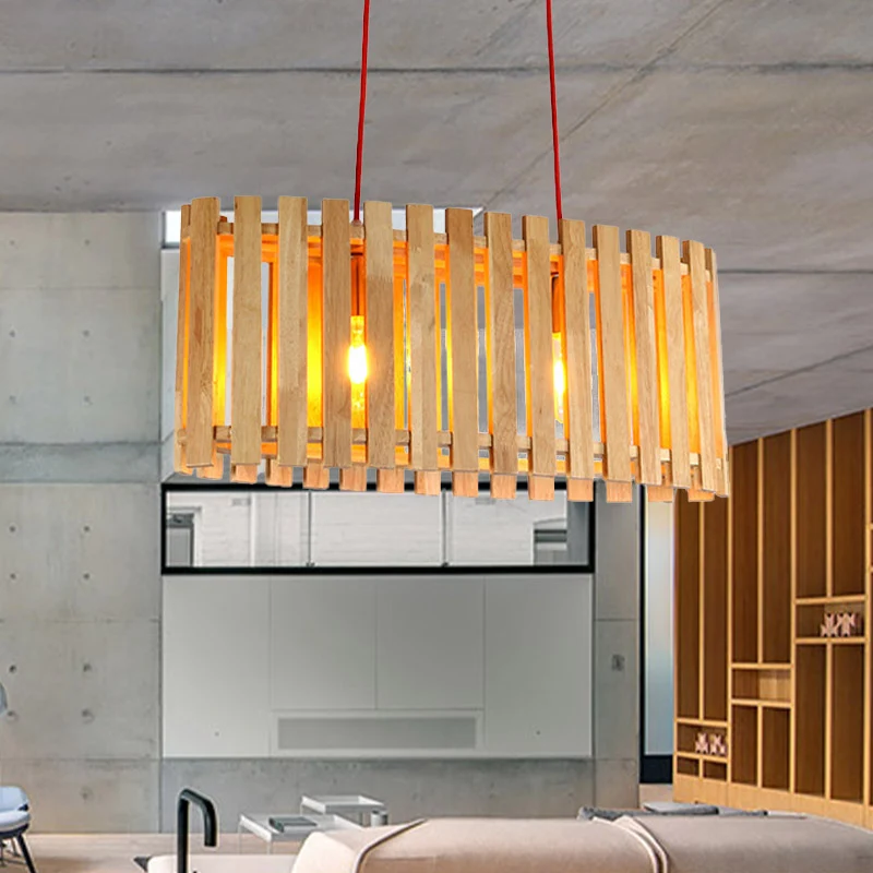 Éclairage d'îlot linéaire en bambou avec abat-jour ovale, lampe à suspension asiatique élégante en bois à 2 lumières au-de...