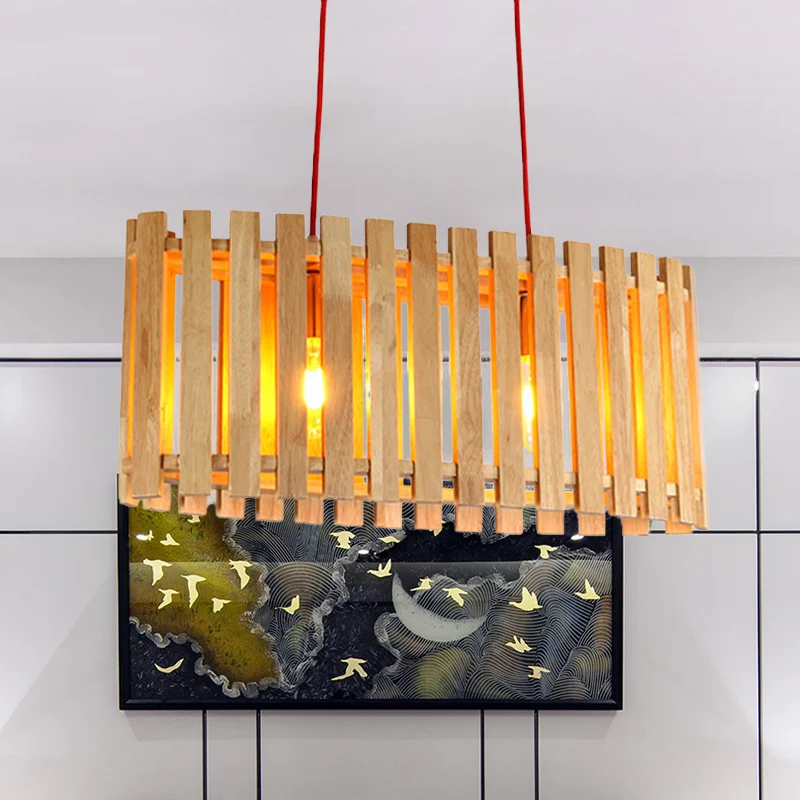 Éclairage d'îlot linéaire en bambou avec abat-jour ovale, lampe à suspension asiatique élégante en bois à 2 lumières au-de...