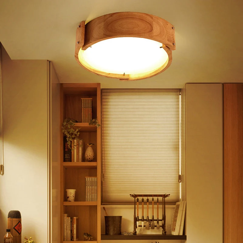 Éclairage encastré en forme de tambour pour chambre à coucher, luminaire LED minimaliste en bois avec abat-jour en acryliq...