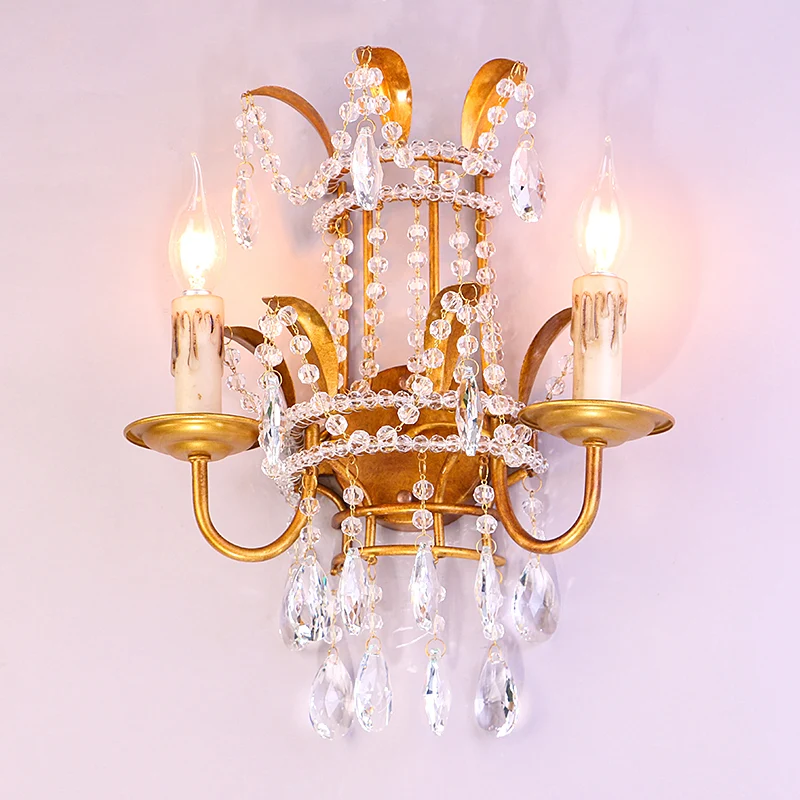 Éclairage mural de couloir de bougie, lampe murale vintage métallique à 2 têtes dorées avec accents de cristal Clearhalo