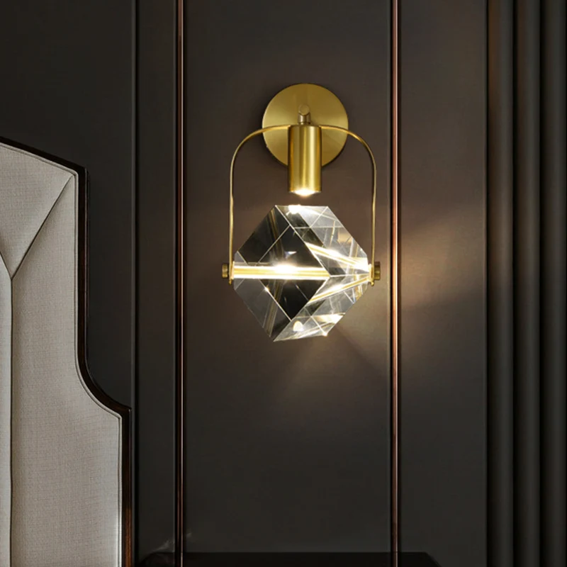 Éclairage mural Cube doré, moderne, cristal clair, pour chambre à coucher, poignée LED, luminaire décoratif d'intérieur Cl...