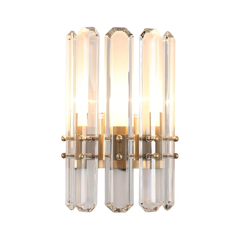 Éclairage mural cylindrique en métal de Style moderne, 2 ampoules, applique dorée avec prisme en cristal clair pour le sal...