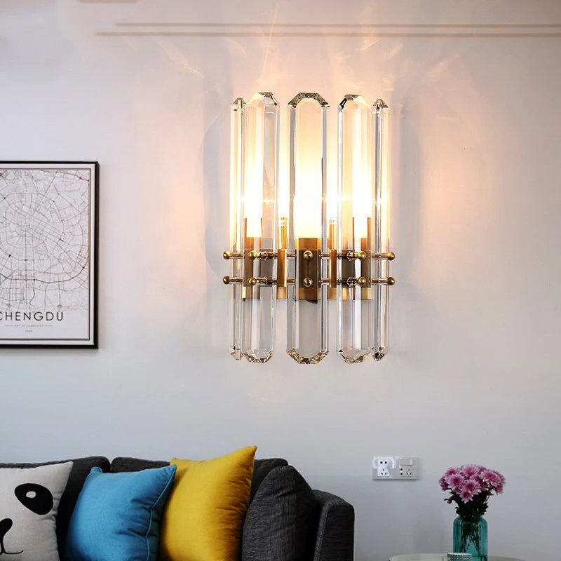 Éclairage mural cylindrique en métal de Style moderne, 2 ampoules, applique dorée avec prisme en cristal clair pour le sal...