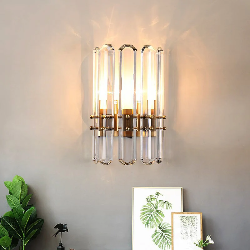 Éclairage mural cylindrique en métal de Style moderne, 2 ampoules, applique dorée avec prisme en cristal clair pour le sal...