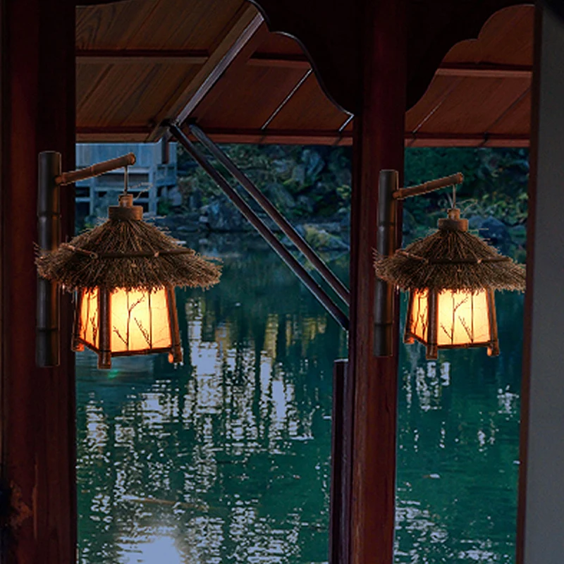 Éclairage mural japonais travaillé à la main en bambou 1 ampoule, luminaire marron pour salon de thé Clearhalo