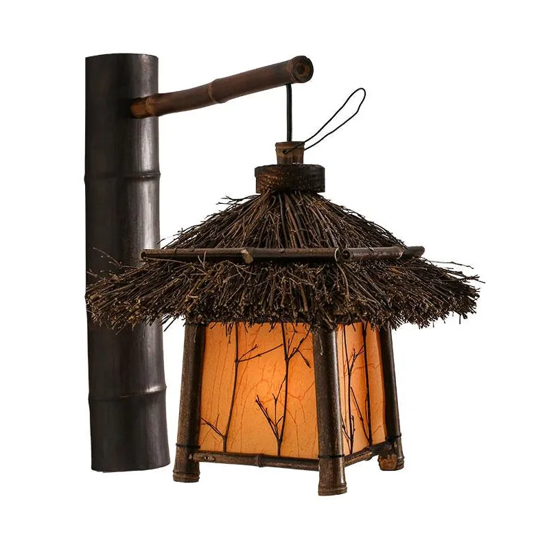 Éclairage mural japonais travaillé à la main en bambou 1 ampoule, luminaire marron pour salon de thé Clearhalo