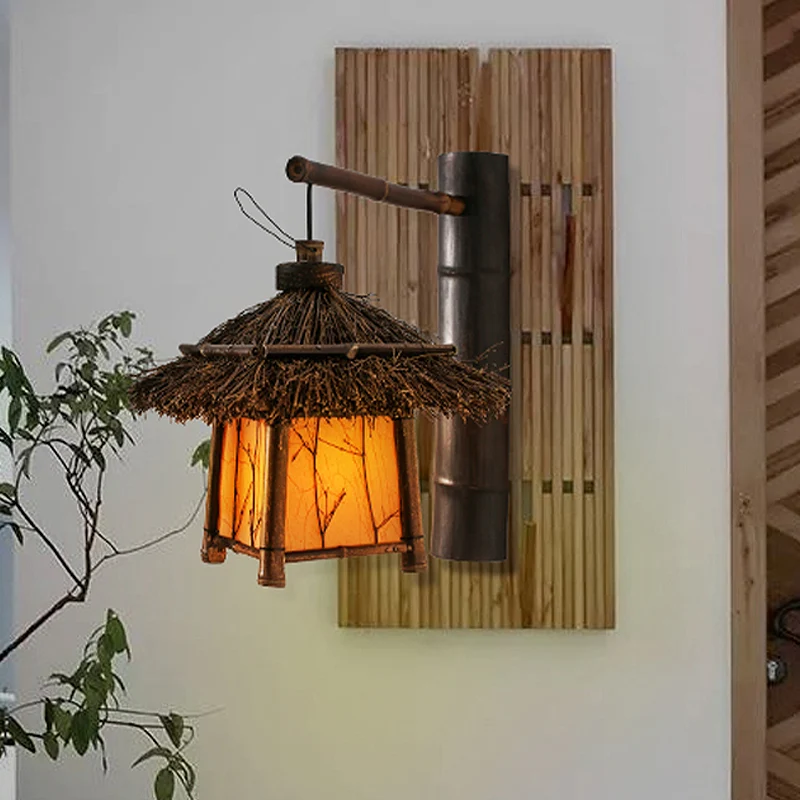 Éclairage mural japonais travaillé à la main en bambou 1 ampoule, luminaire marron pour salon de thé Clearhalo