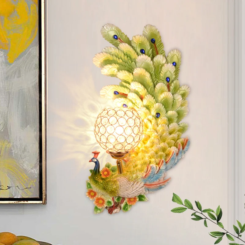 Éclairage mural paon double/gauche/droite en résine, 1 lumière, avec abat-jour en cristal en forme de dôme, jaune/vert, 1/...