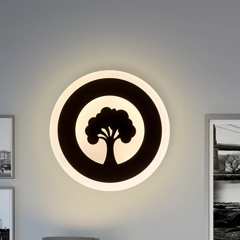 Éclairage mural rond en acrylique modernisme LED applique murale affleurante en noir avec motif d'arbre, lumière blanche/c...