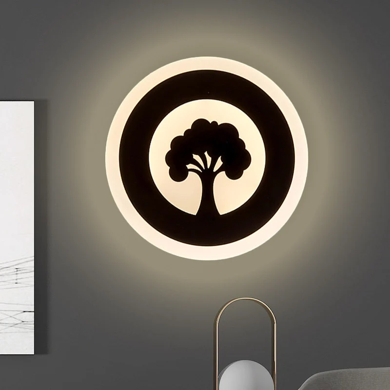 Éclairage mural rond en acrylique modernisme LED applique murale affleurante en noir avec motif d'arbre, lumière blanche/c...
