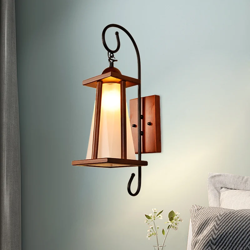 Éclairage mural trapézoïdal pour chambre à coucher, applique murale rustique en verre givré à 1 lumière marron avec cadre...