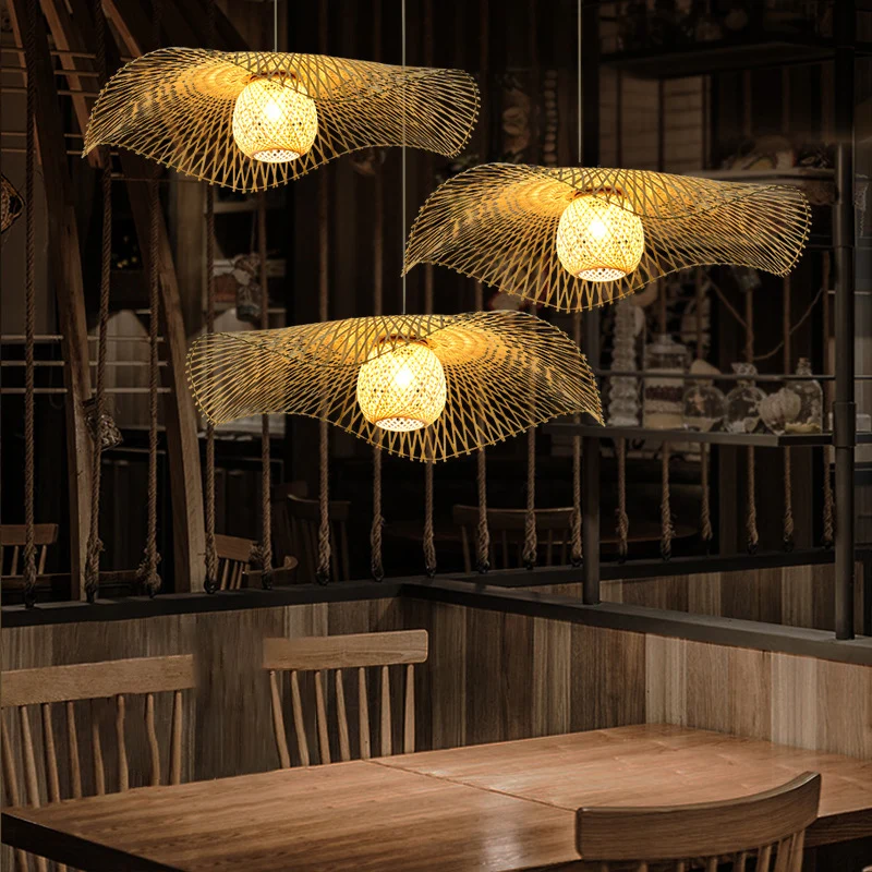 Éclairage de plafond en forme de feuille de Lotus, luminaire suspendu en bois de bambou à 1 ampoule de Style asiatique pou...