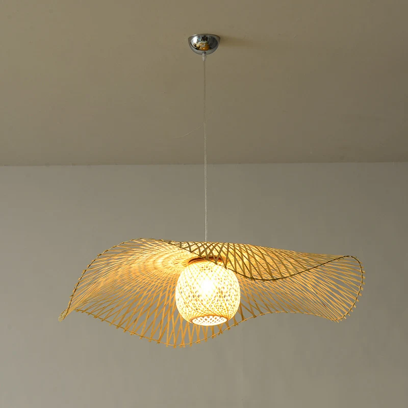 Éclairage de plafond en forme de feuille de Lotus, luminaire suspendu en bois de bambou à 1 ampoule de Style asiatique pou...