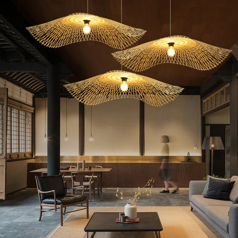 Éclairage de plafond en forme de feuille de Lotus, luminaire suspendu en bois de bambou à 1 ampoule de Style asiatique pou...