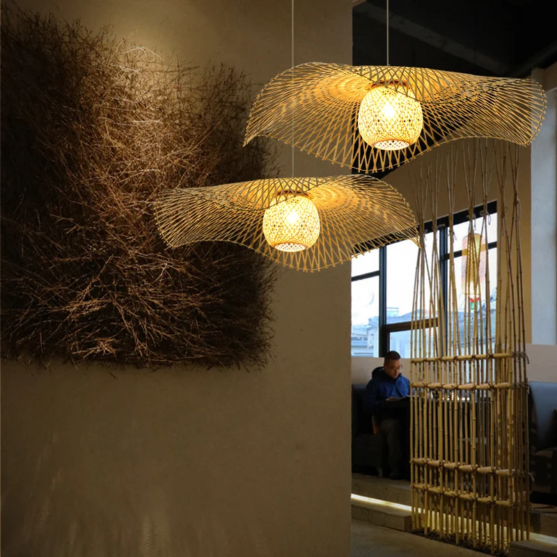 Éclairage de plafond en forme de feuille de Lotus, luminaire suspendu en bois de bambou à 1 ampoule de Style asiatique pou...