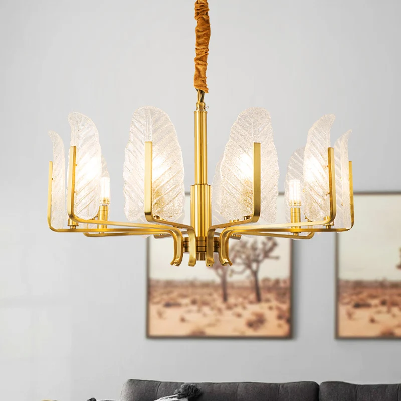 Éclairage de plafond en forme de feuille, lustre postmoderne en verre doré, luminaire pour salon Clearhalo