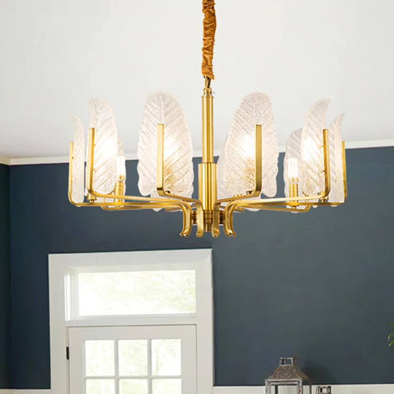 Éclairage de plafond en forme de feuille, lustre postmoderne en verre doré, luminaire pour salon Clearhalo