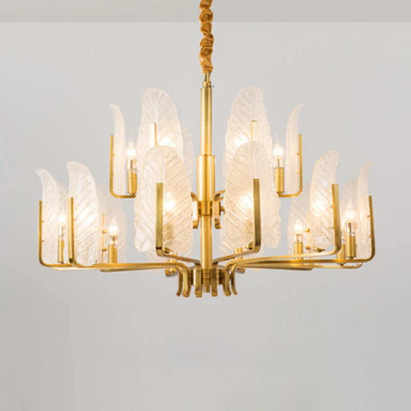 Éclairage de plafond en forme de feuille, lustre postmoderne en verre doré, luminaire pour salon Clearhalo