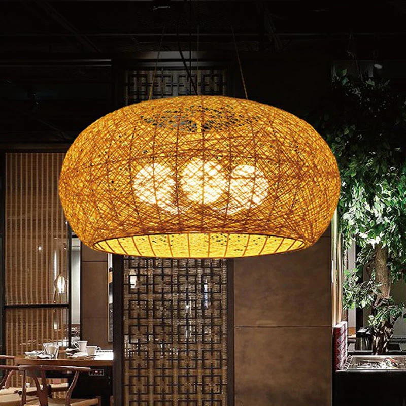 Éclairage de plafond à tambour incurvé en rotin, luminaire de lustre à 3 têtes d'asie du sud-est Clearhalo