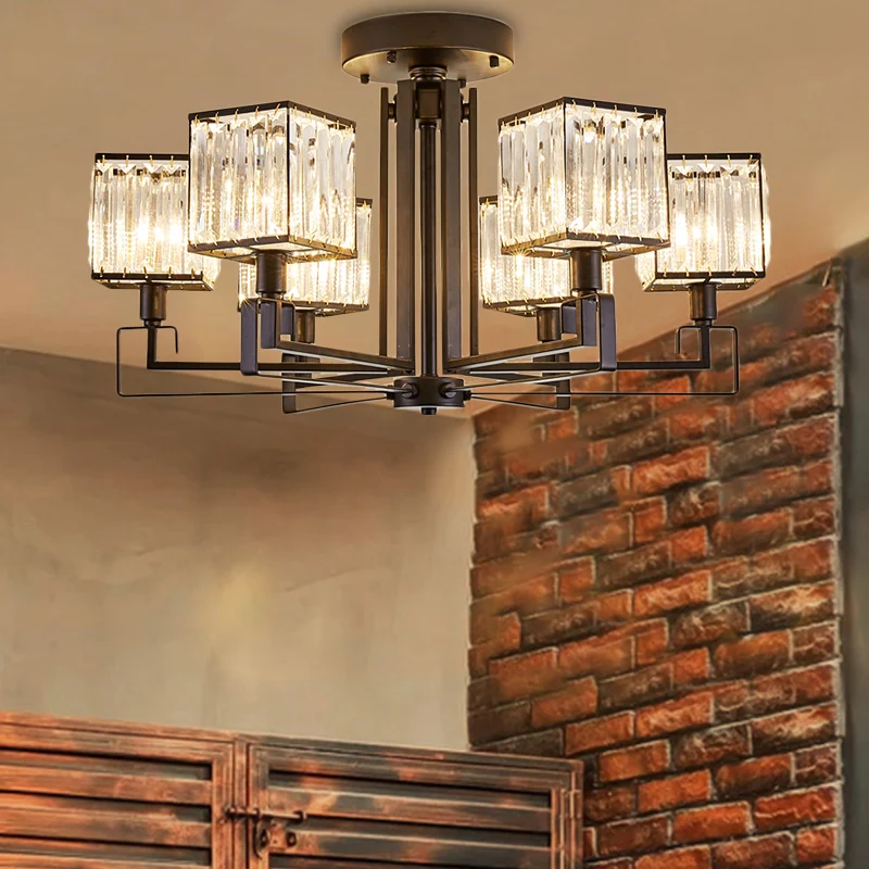 Éclairage Semi-affleurant carré noir 4/6/8 lumières plafonnier en métal de Style Vintage avec prisme en cristal pour chamb...