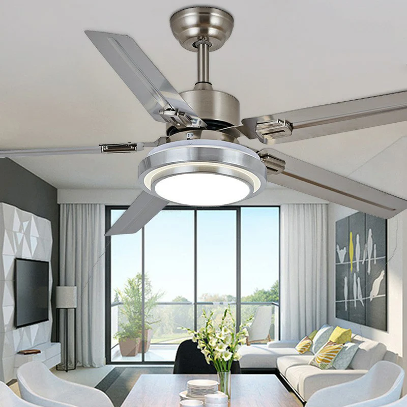 Éclairage semi-monté rond en nickel à 5 pales, luminaire classique en métal LED pour chambre à coucher, ventilateur suspen...