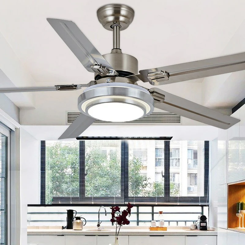 Éclairage semi-monté rond en nickel à 5 pales, luminaire classique en métal LED pour chambre à coucher, ventilateur suspen...