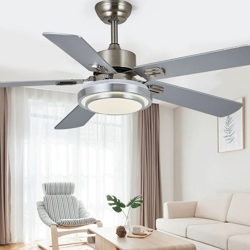 Éclairage semi-monté rond en nickel à 5 pales, luminaire classique en métal LED pour chambre à coucher, ventilateur suspen...
