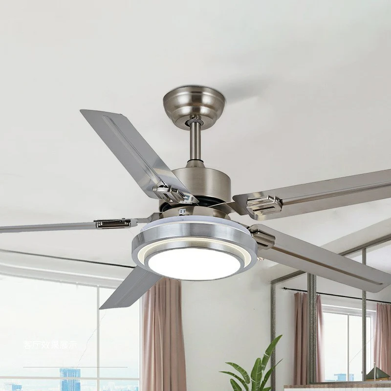 Éclairage semi-monté rond en nickel à 5 pales, luminaire classique en métal LED pour chambre à coucher, ventilateur suspen...
